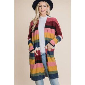 BOMBOM Color Block Striped Open Front Cardigan
